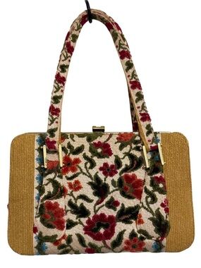 Vintage 1960's Lou Taylor Tapestry Carpet Bag Purse  Attached Mirror Inside